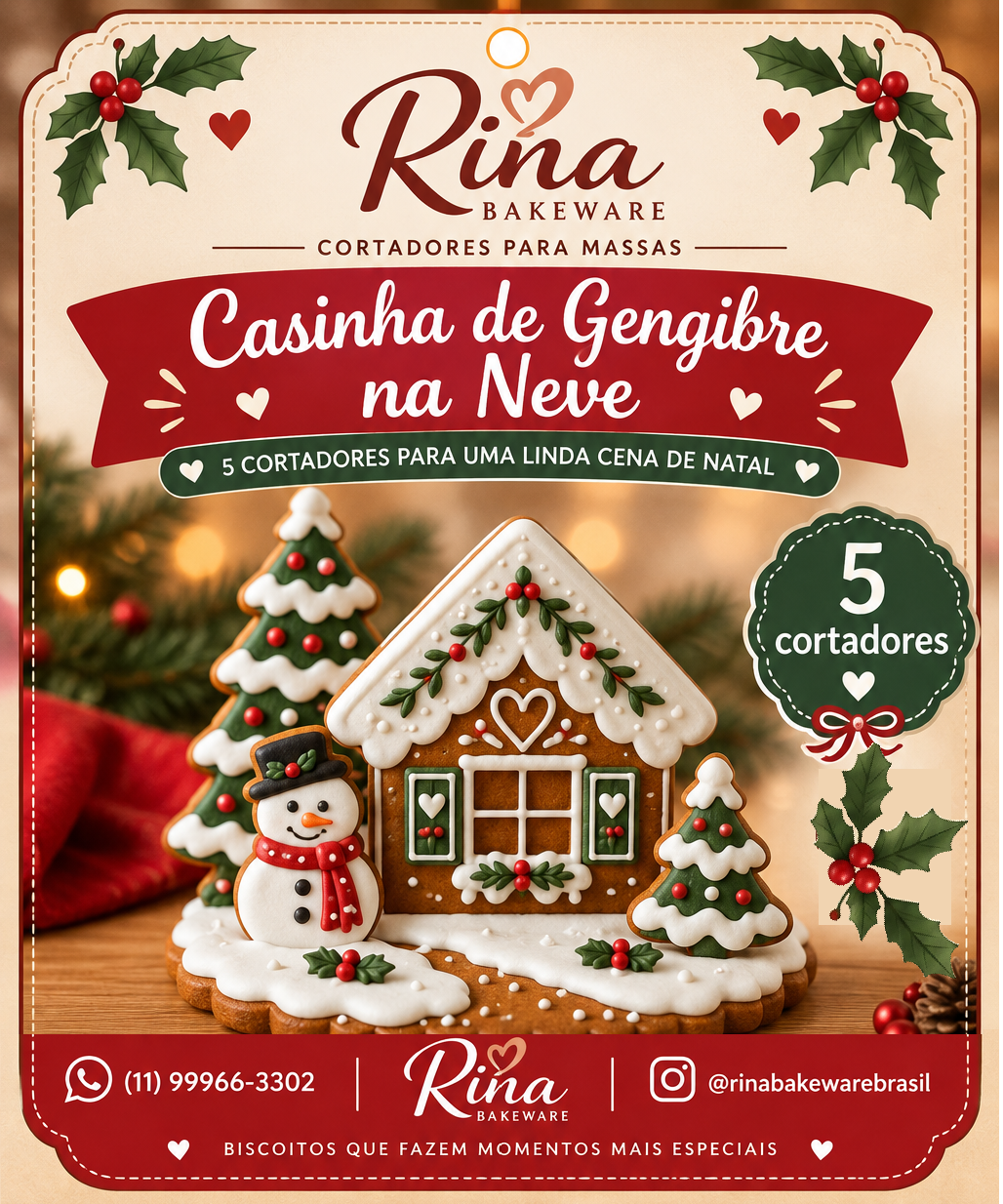Cortador de Bolacha Natal- Casinha de Gengibre na Neve – Kit com 5 Cortadores