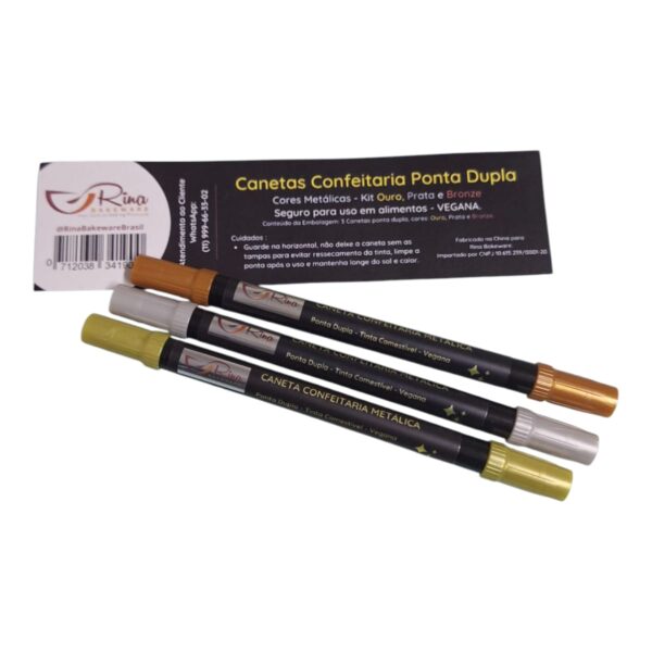 Caneta Confeitaria Kit Cores Metálicas Ouro, Prata e Bronze - Imagem 2