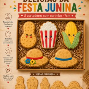 Kit Delícias da Festa Junina - 5 Cortadores com Carimbo 7cm