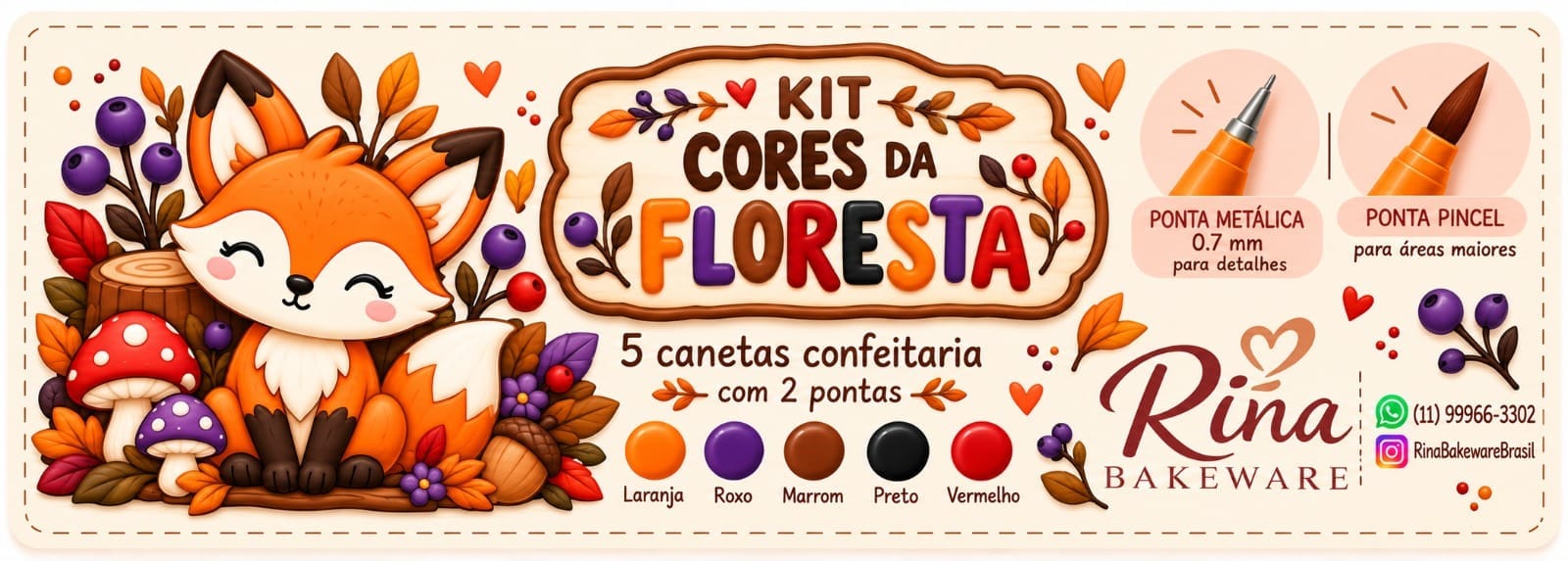 Caneta alimentícia | Kit Cores da Floresta (Laranja/Roxo/Marrom/Preto/Vermelho)