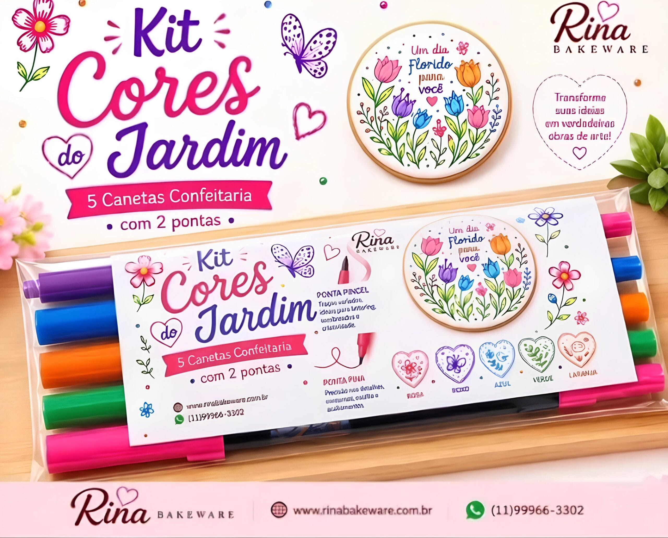 Caneta Alimentícia Kit Cores do Jardim (Rosa/Verde/Azul/Laranja/Roxo)